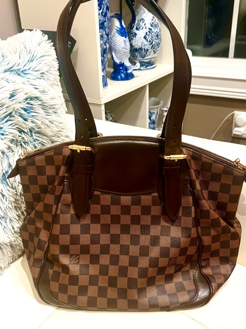 Authentic Pre-loved Louis Vuitton Brown Damier Ebene Tote with Dark Leather Trim
